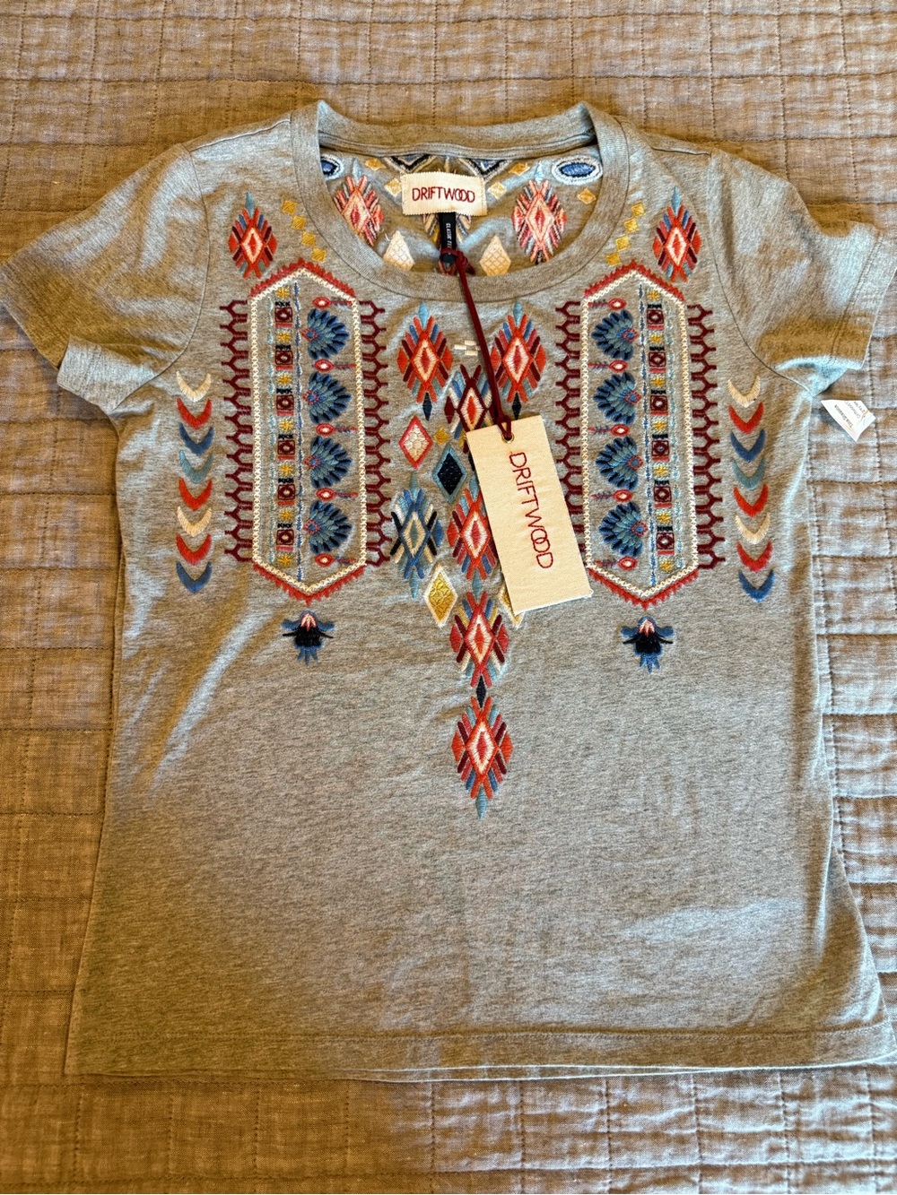 DRIFTWOOD Gray Short Sleeve Tee with Colorful Embroidered Geometric Panel